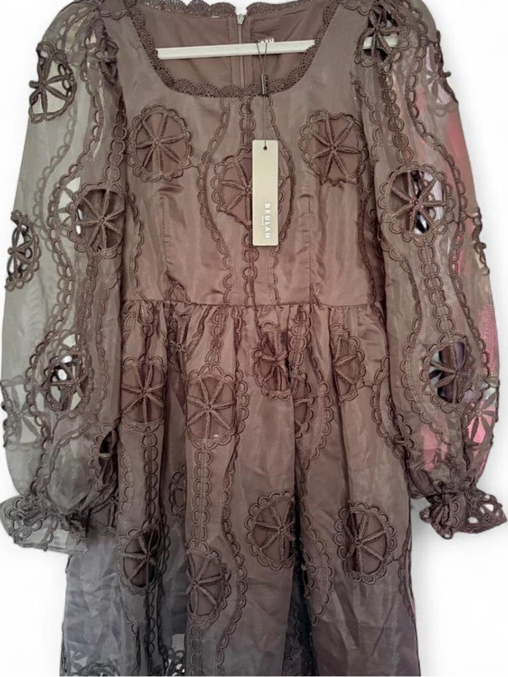 Beulah Brown Long Sleeve Embroidered Midi Dress